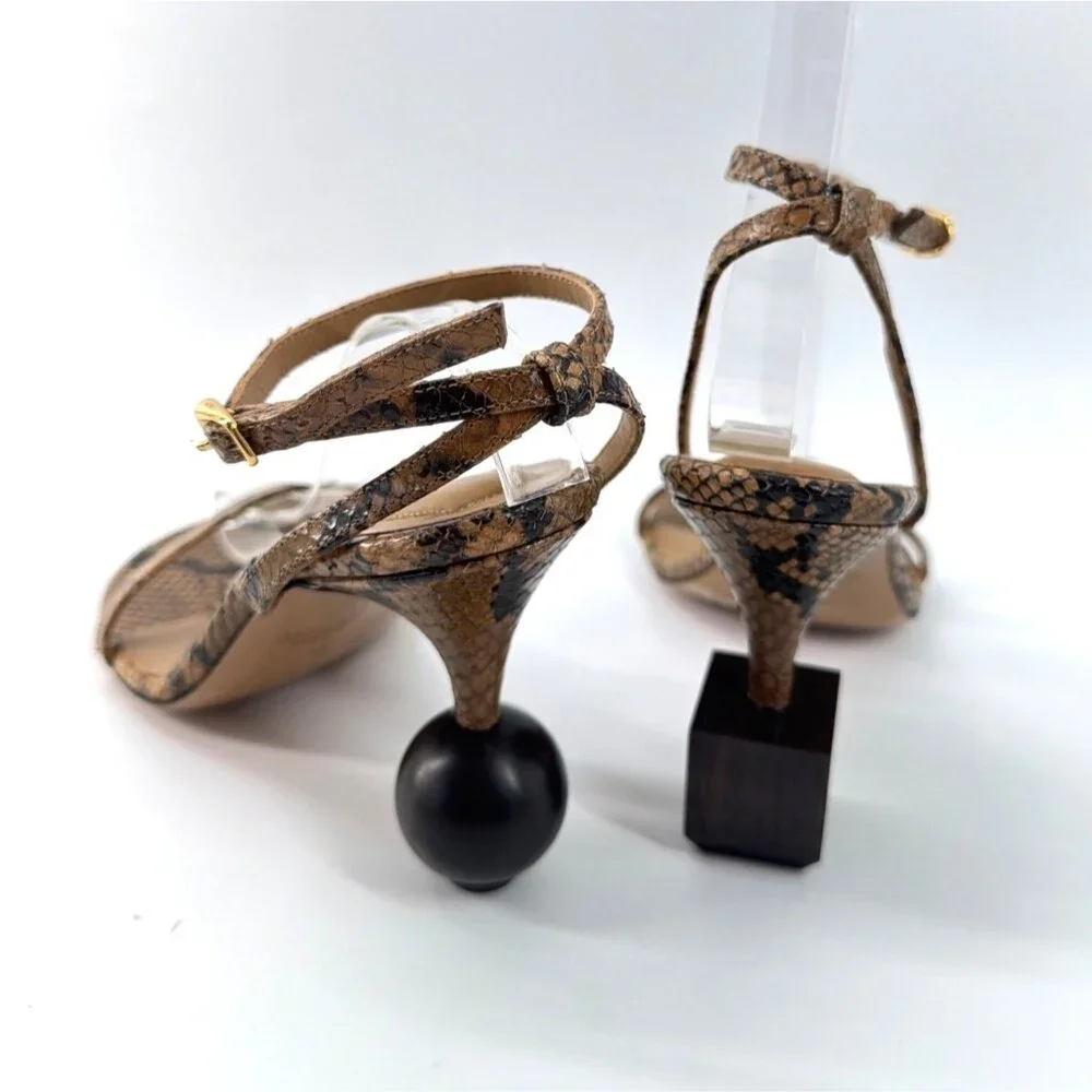 Jacquemus Les Bisu Sandals Snake Print Leather Ankle Strap Geometric Heels Sz 37